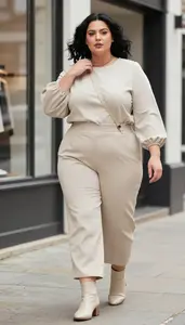 Plus Size Puff Sleeve Blouse Paired With High Waisted Wide Leg Trousers Urban