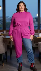 Plus Size Ruffle Trim With Built In Support Paired With Straight Leg Jeans