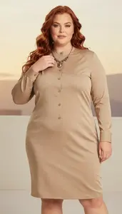 Plus Size Sand Button Front Shirt Dress Sophisticated Shot
