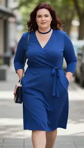 Plus Size Sapphire Blue Modest Wrap Dress Fashion
