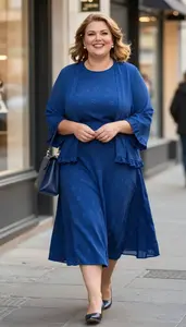 Plus Size Sapphire Blue A Line Midi Dress With Flowing Skirt Fashion Photography
