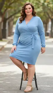 Sky Blue Sky Blue Surplice Wrap Dress Plus Size Fashion