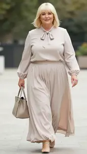 Stylish Plus Size Bow Neck Blouse Paired With Flowing Maxi Skirt Photo