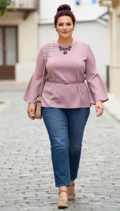 Stylish Plus Size Style Bell Sleeve Blouse Paired With Straight Leg Jeans