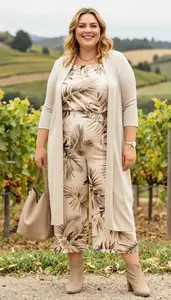 Tropical Leaf Print Wide Leg Culottes With Draped Blouse Plus Size Fashion