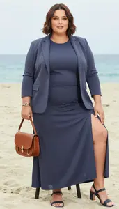 Asymmetrical Hem Top Paired With Flowing Maxi Skirt And Structured Blazer With