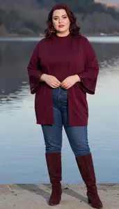 Bell Sleeve Blouse Paired With Straight Leg Jeans Plus Size Studio Portrait