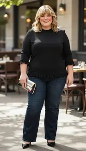 Body Positive Plus Size Modest Crew Neck Top Paired With Straight Leg Jeans