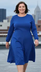 Body Positive Plus Size Sapphire Blue A Line Midi Dress With Flowing Skirt