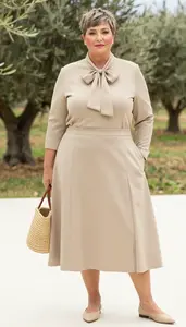 Body Positive Plus Size Bow Neck Blouse Paired With A Line Midi Skirt And Waist