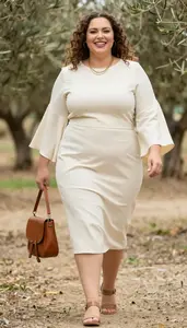 Bold Plus Size Woman In Cream Midi Dress With Flowing Sleeves