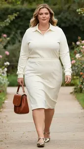 Bold Plus Size Woman In Ivory Polo Style Dress