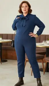 Bow Neck Blouse Paired With Straight Leg Jeans Plus Size Lifestyle Portrait