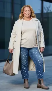 Confident Plus Size Oversized Drapey Tee Paired With Straight Leg Jeans