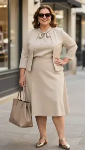 Confident Plus Size Bow Neck Blouse Paired With A Line Midi Skirt And Bolero