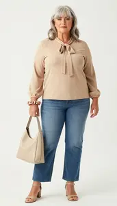 Confident Plus Size Bow Neck Blouse Paired With Straight Leg Jeans And Bolero