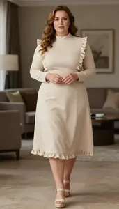 Confident Plus Size Ruffle Trim With Built In Support Paired With A Line Midi