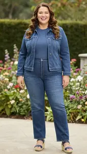 Confident Plus Size Textured Knit Top Paired With Straight Leg Jeans And Fitted
