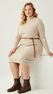 Confident Plus Size Woman In Cashmere Sweater Dress For Winter