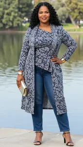 Confident Plus Size Woman In Asymmetrical Hem Top Paired With Straight Leg Jeans