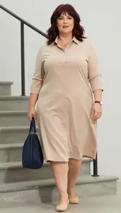 Curvy Plus Size Beige Button Front Shirt Dress