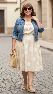 Curvy Plus Size Flowing Blouse With Tie Neck Paired With A Line Midi Skirt And