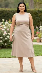 Curvy Plus Size Ruched Side Tank Top With Lining Paired With A Line Midi Skirt