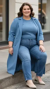 Curvy Plus Size Style Empire Waist Blouse Paired With Straight Leg Jeans And