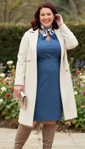 Elegant Plus Size Style Steel Blue Classic V Neck Shift Dress