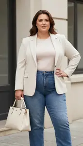 Empowered Plus Size Woman In Straight Jeans With Blouse And Tailored Blazer