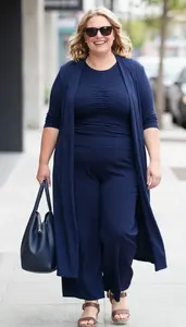 Empowered Plus Size Woman In Textured Knit Top Paired With High Waisted Wide Leg