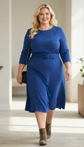 Flattering Plus Size Sapphire Blue Asymmetric Hem Midi Dress