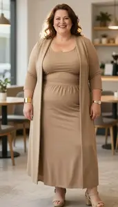 Flattering Plus Size Ruched Side Tank Top With Lining Paired With Flowing Maxi
