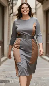 Flattering Plus Size Slate Grey Shift Dress With Geometric Print