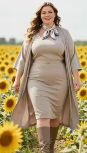 Flattering Plus Size Woman In Sheath Dress With Belt For A Business Occasion