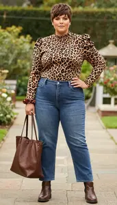 Glamorous Plus Size Woman In Puff Sleeve Blouse Paired With Straight Leg Jeans