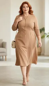 Graceful Plus Size Look Tan Empire Waist Midi Dress