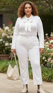 Modern Plus Size Look Bow Neck Blouse Paired With Straight Leg Jeans And Fitted
