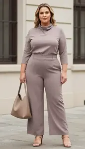 Modern Plus Size Look Cowl Neck Blouse Paired With High Waisted Wide Leg