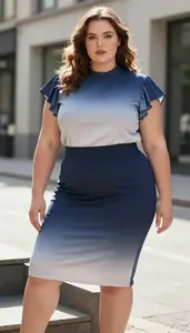 Modern Plus Size Pencil Skirt With Ruffle Sleeve Blouse Photo