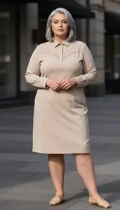 Plus Size Beige Collared Shirt Dress Fashion Photography