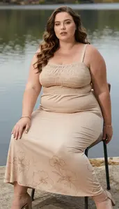 Plus Size Beige Smocked Bodice Maxi Dress Studio Fashion