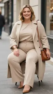 Plus Size Bell Sleeve Blouse Paired With High Waisted Wide Leg Trousers And