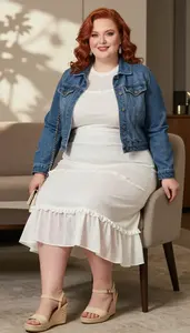 Plus Size Crystal Clear White Ruffle Detail Midi Dress Fashion Photography