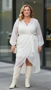 Plus Size Crystal Clear White Long Sleeve Wrap Dress Fashion Photography