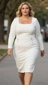 Plus Size Elegance White Square Neckline Midi Dress