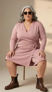 Plus Size Fashion Dusty Rose Modest Wrap Dress Studio Portrait