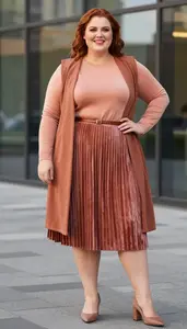 Plus Size Fashion Pleated Midi Skirt With Sweater Layered Over Architectural