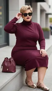 Plus Size Fashion Turtleneck Midi Dress For Spring Urban Portrait