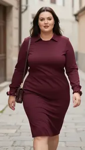 Plus Size Fashion Wine Collared Shirt Dress Studio Portrait